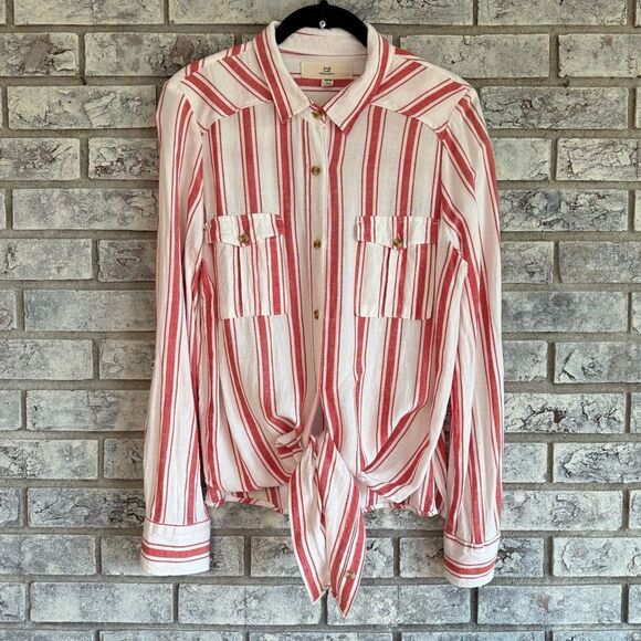 Thread & Supply Tops - Thread + Supply Red & White Striped Tie-Front Button Down – Size M